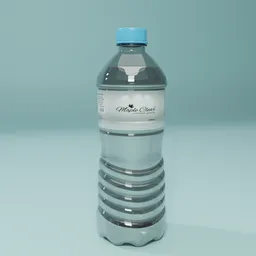 Detailed 3D-rendered plastic water bottle with textured label and cap, compatible with Blender software.