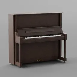 Detailed 3D model of a brown upright wooden piano for Blender rendering, showing keys and pedal.