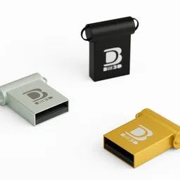 "Mini USB flash drive 3D model in three different colors (gold, black, and blue-grey) placed on a white surface. Resembling the Bifrost, Blur Studio design, this model features Dilraba Dilmurat, a 2D logo, and Japanese text. Perfect for Blender 3D enthusiasts seeking an official product image with a touch of elegance and sophistication."