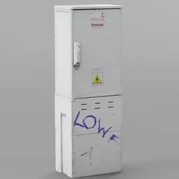 "High-quality 3D model of an electrical junction box for Blender 3D software. This urban cityscape element features a white refrigerator adorned with graffiti and a phone on the door, reminiscent of the 1990s. A visually captivating piece inspired by Lodewijk Bruckman, with intricate details like the electric boy, IV pole, and a towering height of 1km. A unique addition to any museum collection or architectural project."