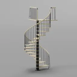 3D spiral staircase model with wooden steps and metal balustrade for Blender rendering.