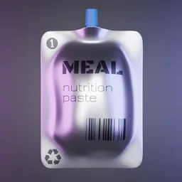 Detailed 3D rendering of a futuristic space food pouch with Blender 3D design, labeled 'MEAL nutrition paste'.