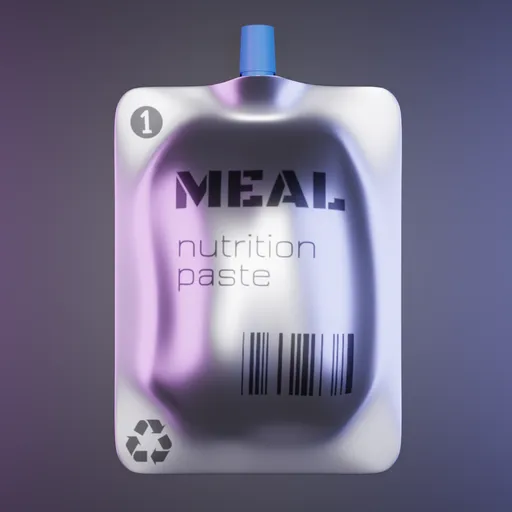 Detailed 3D rendering of a futuristic space food pouch with Blender 3D design, labeled 'MEAL nutrition paste'.