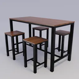 "Wooden and steel table set with four stools on a gray background - Kuroda Seiki inspired design. Perfect 3D model for Blender 3D with brown and white color scheme."
