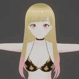 "Marin Kitagawa from anime My Dress-Up Darling wearing a black and gold bikini, a 3D model rendered in Unreal Engine 5. This Blender 3D model features a head and torso view of the character with long blonde hair, gradient light red lighting, and a face turnaround. Inspired by Torii Kiyomoto, this 2019 creation is perfect for streaming and virtual avatar use."