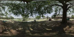 360-degree HDR panorama featuring dappled light under a tree canopy with a golf course view for realistic lighting and rendering.