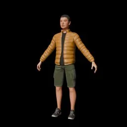 3D male NPC in casual attire, realistic puffer jacket, ready for Blender modeling.