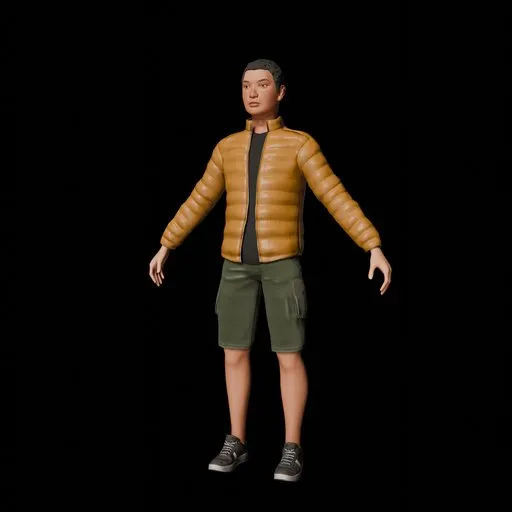 3D male NPC in casual attire, realistic puffer jacket, ready for Blender modeling.