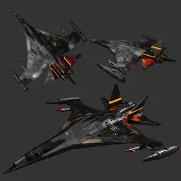 "Metallic military jet aircraft with detailed textures, weapons, and low polygon design. Inspired by famed artists Viktor Vasnetsov and Tibor Rényi. Perfect for use in Blender 3D modeling software."