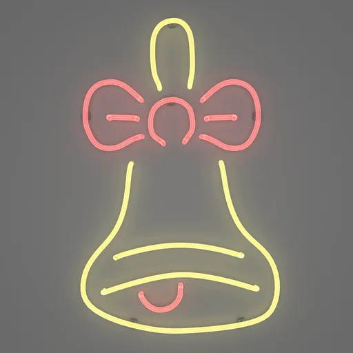 3D neon bell sign with yellow and pink lights, designed for festive Blender 3D rendering.