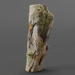 "Photorealistic moss covered log 3D model created in Blender, inspired by driftwood art and featuring a realistic blend of lichen and woodturning textures. Includes a sculpture of a bird on a tree stump and references to Claes Corneliszoon Moeyaert and Jozef Israëls art styles. Photoscanned from a log found at Hády."