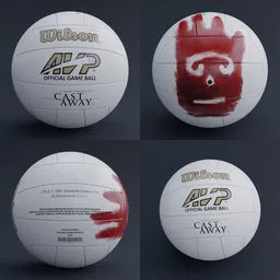 Detailed 3D volleyball model with red handprint, showcasing textures and design in multiple angles.