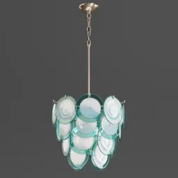 "Blender 3D model of the Diva Aqua Chandelier with aqua-colored teardrop-shaped glass discs and Natural Brass chandelier creating a warm glow. Dynamic pearlescent teal light with textured base and thick glowing chains. Perfect for mid-century decor with bluish and cream tones."