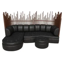 High-quality black leather sectional with wood accents, 3D modeled for Blender rendering.