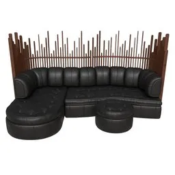 "Luxury sofa with ottoman and table in Blender 3D. Tufted leather design for virtual metaverse room or bar/lounge illustration. Rough wooden bamboo fence and forested surroundings give a clustered and rigorous feel."