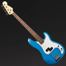 Highly detailed blue electric bass guitar 3D model with accurate textures and design for Blender 3D artists.
