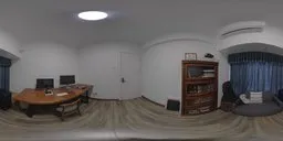 360-degree HDR panorama of an industrial-style workspace with a desk, bookshelf, and overhead lighting.