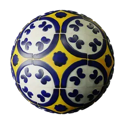 Hand-painted ceramic tile texture for PBR material in Blender 3D, with intricate blue and yellow patterns.