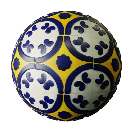 Hand-painted ceramic tile texture for PBR material in Blender 3D, with intricate blue and yellow patterns.