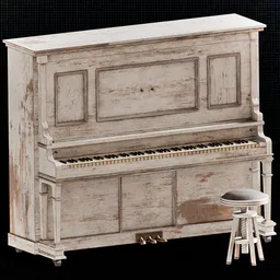 Aged White Upright Piano with Stool