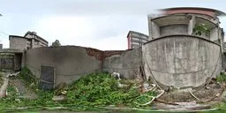 360-degree HDR panorama of a decrepit urban scene with overgrown foliage under cloudy skies for realistic lighting in 3D environments.