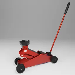 Realistic red 3D hydraulic jack model with detailed design, perfect for Blender 3D projects and automotive simulations.