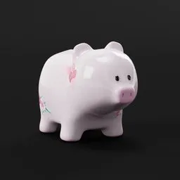 3D model of a ceramic-style piggy bank with floral decorations on a plain backdrop, compatible with Blender.