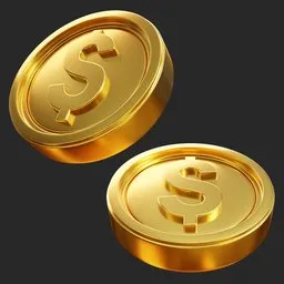 Detailed 3D rendering of shiny gold dollar coins for Blender modeling and CG artwork.