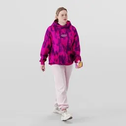 3D model of a young blonde girl in pink attire with iPhone, suitable for Blender rendering.