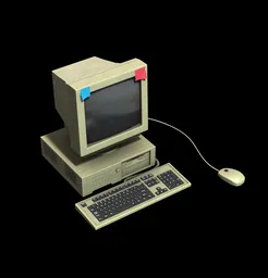 Retro-style 3D-modelled vintage desktop computer with CRT monitor, keyboard, and mouse.