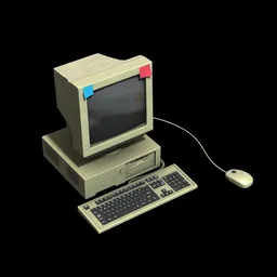 "Vintage desktop computer with keyboard and mouse, 3D icon for mobile games, and lo-fi album art. Created in Blender 3D and rendered with Unreal engine, this Japanese CGI model boasts a simple and elegant aesthetic. Perfect for 3D modeling enthusiasts and CG artists alike."
