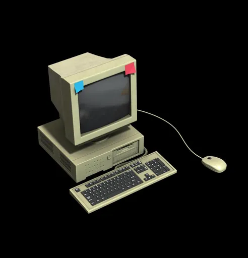 Retro-style 3D-modelled vintage desktop computer with CRT monitor, keyboard, and mouse.