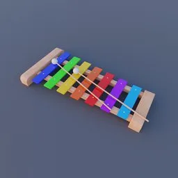 "Colorful wooden toy xylophone with cymbals, perfect for children - Blender 3D model. Inspired by Giorgio Giulio Clovio and Ernő Rubik, this lifelike 3D model features a close-up view on a gray surface. Ideal for Unity 3D projects, it adds vibrancy with its unique design and object-centered layout."