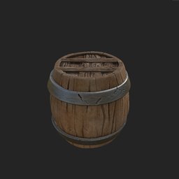 Textured 3D barrel model with metal bands, optimized for use in Blender, suitable for game asset or animation props.