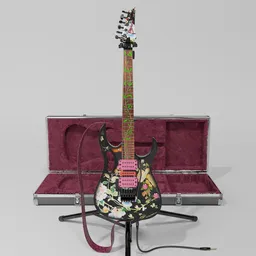 "3D model of Ibanez JEM 77FP electric guitar, designed for Steve Vai, created with Blender 3D. Features intricate floral patterned texture by Jay Yang and pink and red pickups from Dimarzio. Comes with furry guitar case and adjustable strap option."