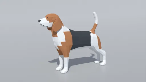 3D polygonal Beagle model with distinct quads, separate eye object, ideal for CG visualizations & Blender renders.