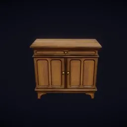 "Neoclassical style wooden side cabinet with a drawer, perfect for your hall. Blender 3D asset pack featuring smooth rounded shapes and colonial design elements. Unshaded and untextured, with normal maps and a retro TV and lamp included."