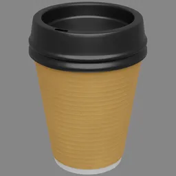 "A 400ml coffee cup with a lid and black lid 3D rendered in Cel-Shaded style. The cup is inspired by Albert Anker and has a wood effect with full object in the middle, rendered in the RE engine." This alt text includes important keywords such as "coffee cup", "3D rendered", "Blender 3D", and "Albert Anker".