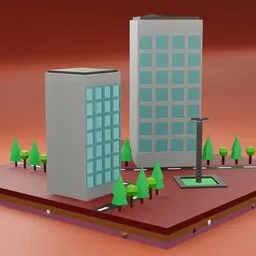 "Low poly commercial buildings ideal for chain stores designed by Bholekar Srihari in Blender 3D software. AI-generated isometric image with wired landscape, trees, and green square. Perfect for mobile games, YouTube thumbnails, or computer network visualization."