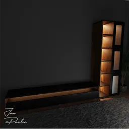 "Sophisticated wooden TV cabinet model with bookcase and frosted glass doors, showcasing ambient lighting effects, perfect for interior design in Blender 3D."