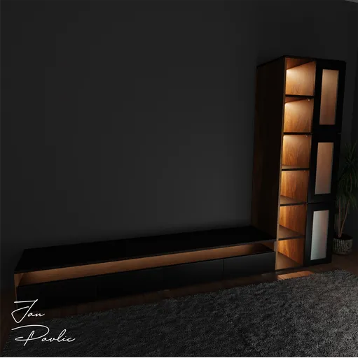 "Sophisticated wooden TV cabinet model with bookcase and frosted glass doors, showcasing ambient lighting effects, perfect for interior design in Blender 3D."