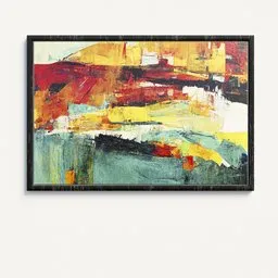 3D Blender model featuring a vibrant abstract oil painting in a black frame for artistic design use.