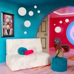 Luxury 3D-rendered interior scene with velvet couch, neon wall art, orb lamps, poof chair with purse, in teal and pink.