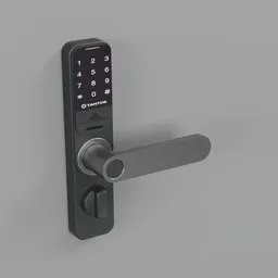 "Black electric door handle with built-in keypad for smart home security and automation, created in Blender 3D in 2019. High definition render with 360-degree panorama and precisionist design. Perfect for product introductions, magazine centerfolds, or use in automated defense platforms."