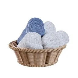 Realistic 3D model of rolled towels in a woven basket, designed for bathroom decor, compatible with Blender.