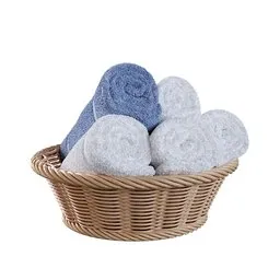 "Professional 3D model of a basket with rolled towels, ideal for bathroom décor and service areas. Created using Blender 3D software, this high-quality model features towels in a basket with a blue border, showcasing a professional result. Perfect for adding realism and elegance to your 3D projects in Blender 3D."
