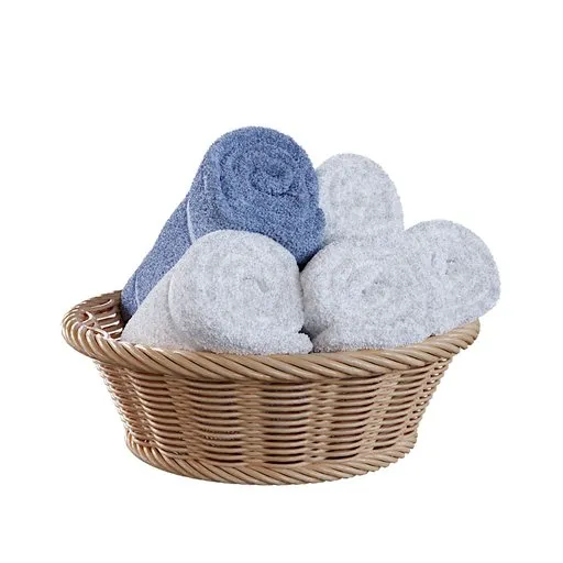 Realistic 3D model of rolled towels in a woven basket, designed for bathroom decor, compatible with Blender.