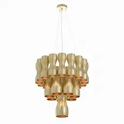 "Gold glass chandelier, Krown suspension by Delightfull.001 for Blender 3D. Clustered and brightly lit, this ceiling light adds a stellar formation to any interior space."
