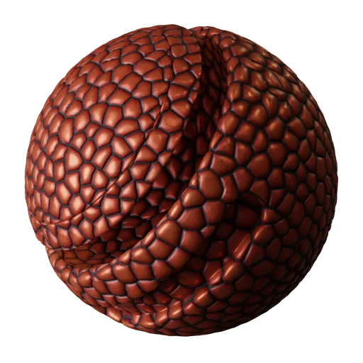 Detailed red reptile scale PBR texture for 3D modeling and rendering in Blender, ideal for dragons and reptilian creatures.