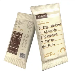 Detailed 3D protein bar model with coconut chocolate flavor, ideal for Blender renderings and game assets.